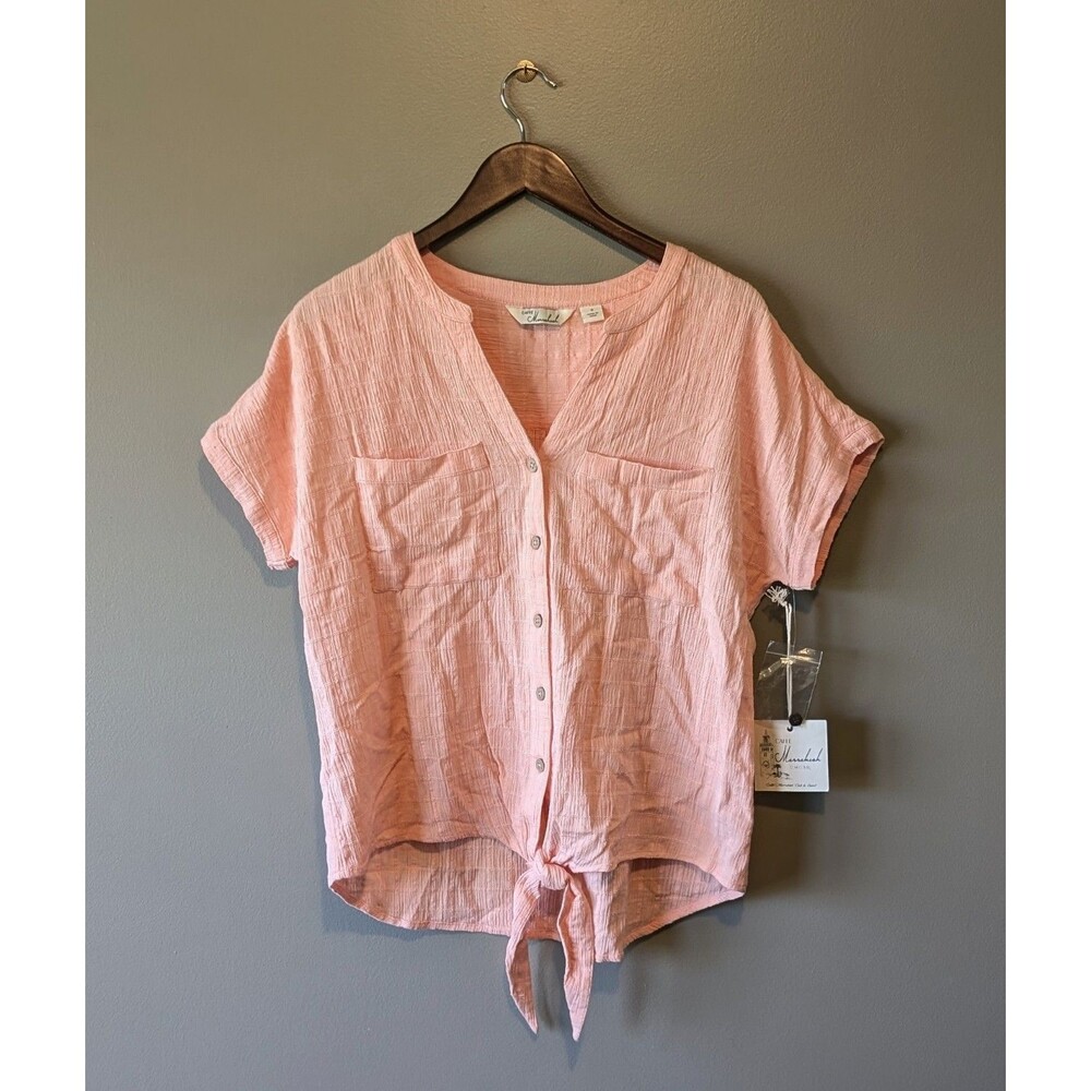 NWT Caffe Marrakesh Womens Small Coral Tie Front Button Top Blouse V-Neck Shirt
